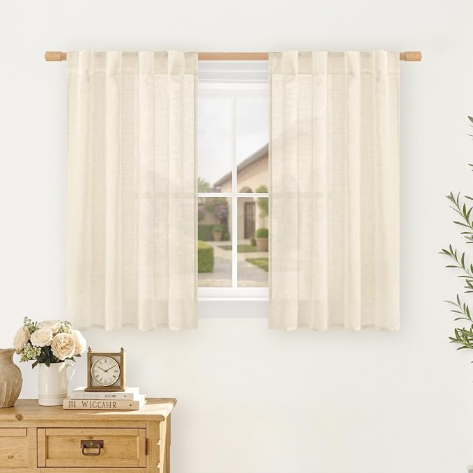 Linen Curtains 40 Inch Length for Kitchen Windows, Linen, 2 Panels | Semi Sheer Light Filtering, Short Window Curtains, Bathroom, Back Tab Rod Pocket, Panels for Cafe, Windows, 34 x 40 Inch