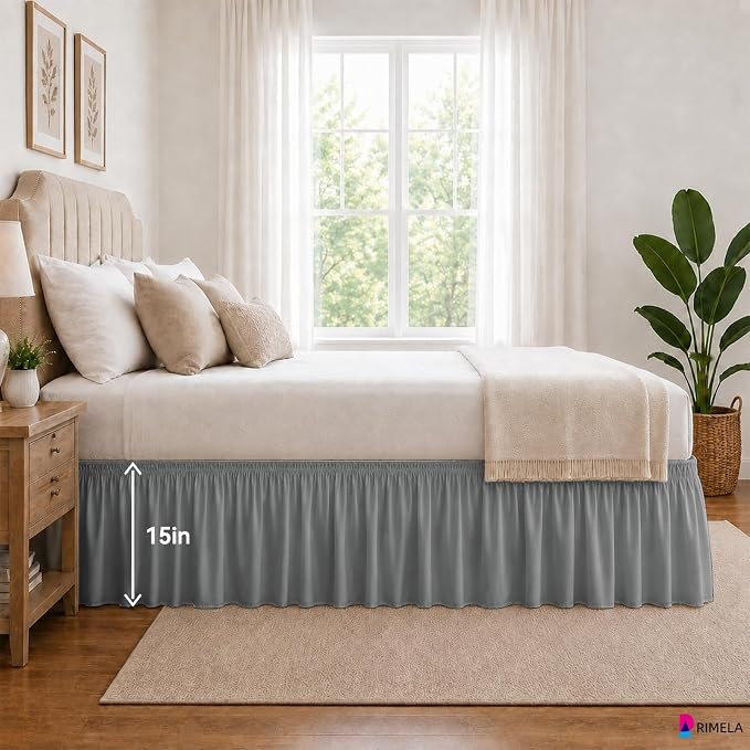 Grey Bed Skirt Queen Size 15 Inch Drop, Elastic Wrap Around Bedskirt | Solid Ruffled, Easy to Use, No Mattress Lifting, Wrinkle & Fade Resistant, with Adhesive Strips, Machine Wash/Dry/Iron