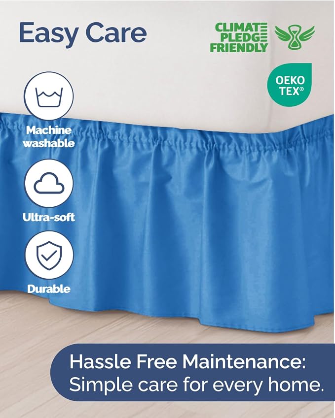 Wrap Around Dust Ruffle Bed Skirt - Royal Blue - for Queen Size Beds w/ 14 Inch Drop - Easy Fit Elastic Strap - Adjustable Pleated Bedskirt w/Brushed Fabric - Wrinkle Free - Women, Men, Kids & Teens