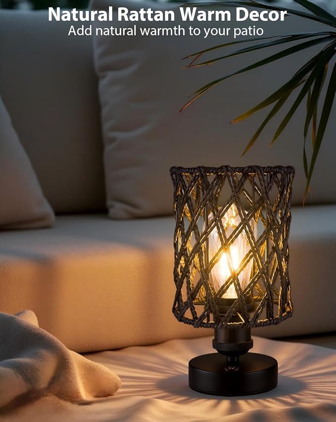 Cordless Outdoor Table Lamps, Small Rattan Boho, Rechargeable Battery Operated for Outdoor Patio, Home, Living Room, Bedroom, Bedside - Set of 2 (Black-A)