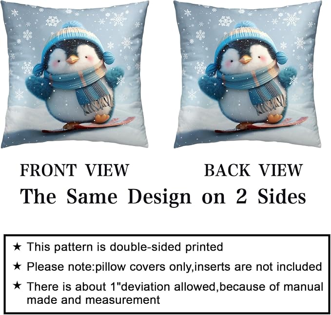 Winter Pillow Covers 16x16 Set of 2 Adorable Skiing Penguins Throw Pillow Covers Snowflakes Pillow Case Double Sided Printing Cushion Case for Home Decor Couch Sofa