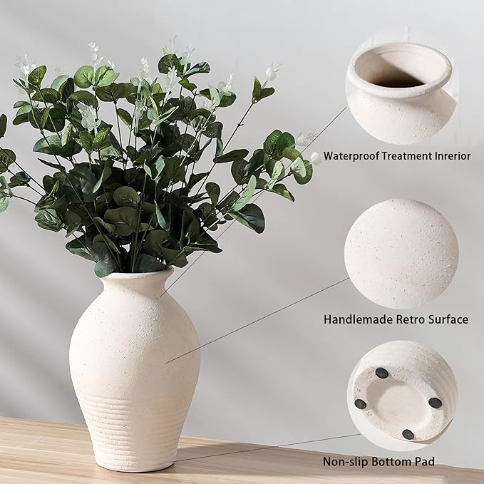 Ceramic Rustic Farmhouse Vase, 9.2 inch Whitewashed Terracotta Vase | Ceramic Vintage Flower Vases,Table Decorative Vases for Home Decor Table Living Room Shelf Mantel Decoration(Off-White)
