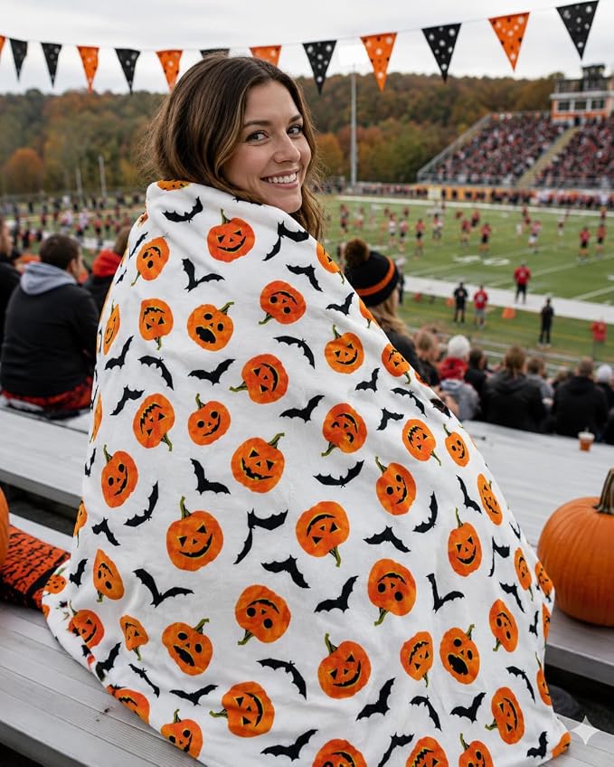 Serafina Home Halloween Fleece Throw Blanket: Happy Jack O'Lantern Pumpkins and Black Bat Design on Soft Velvety Blanket for Sofa Bed Couch Chair Dorm, 50" x 60"