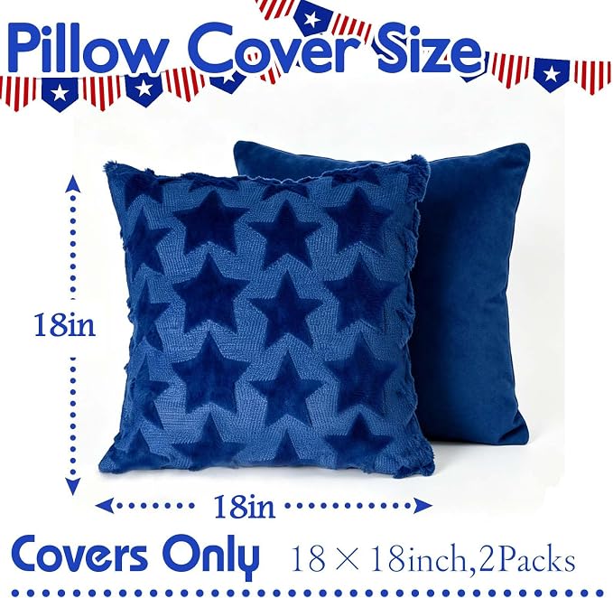 ONFAON 4th of July Pillow Covers 18x18 Set of 2 Blue Embroidery Star Independence Day Decorations Home of The Free Memorial Day Patriotic Throw Cushion Case for Home Sofa Couch