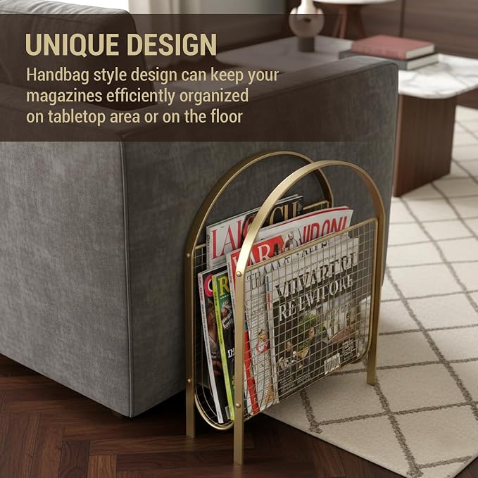 MyGift Mid Century Brass Tone Metal Mesh Magazine Rack Storage Basket | Freestanding Tabletop Organizer, Keeps Reading Materials Accessible, Open Wire Construction, Space Saving, Living Room Décor