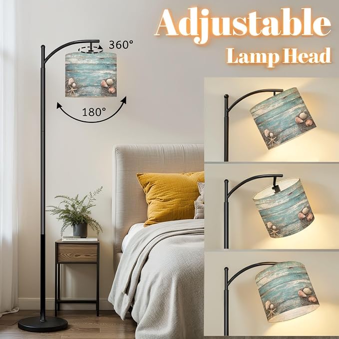 Arc Floor Lamp Starfish Shell Teal Beach Nature Seashells Fishing Net Weathered Wood Dimmable Modern Standing Lamp with Remote Adjustable Drum Shade Footswitch Tall Pole Lamp for Living Room Bedroom