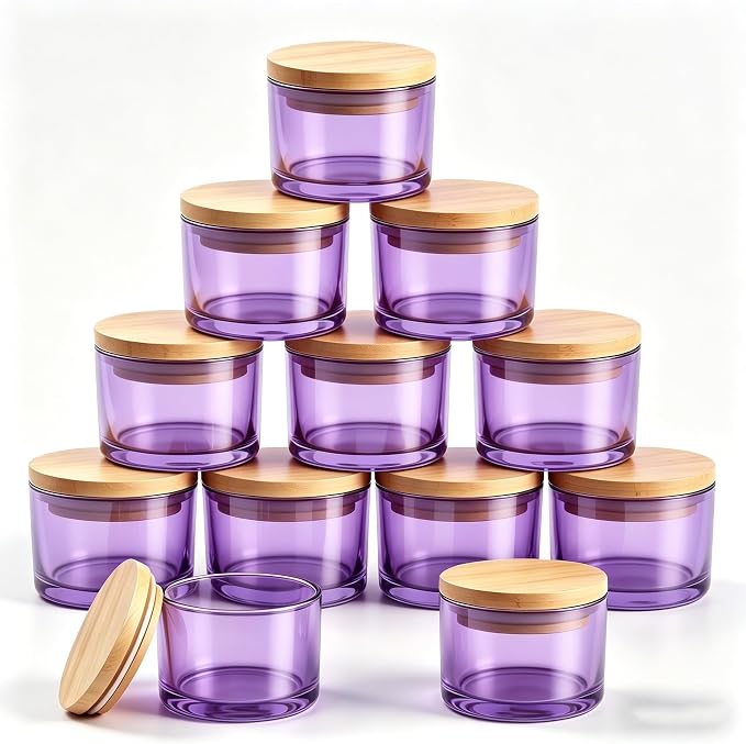 GLATABAM 4 OZ Candle Jars 12 Pack - Bulk Glass Candle Making Jars with Bamboo Lids & Labels, Heat Resistant Empty Reusable Candle Vessel for Containers(Purple)