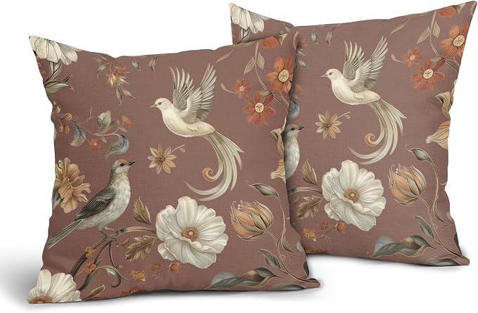 Kawani Vintage Floral Pillow Covers 18x18 Inch Set of 2 Brown Chinoiserie Flower and Bird Outdoor Decorative Throw Pillows Retro Rustic Pillowcases Farmhouse Cushion Covers for Couch Home Decor
