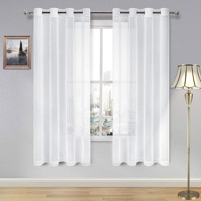 DWCN White Sheer Curtains for Living Room Linen Look Voile Drapes Grommet Window Curtain Panel 52 x 63 Inch Long, Set of 2 Panels