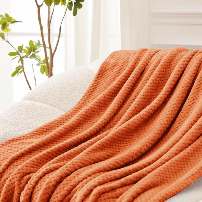 Exclusivo Mezcla Large Waffle Fleece Throw Blanket for Couch, Burnt Orange | Lightweight Soft Blanket for Sofa, Bed, Living Room, Plush Fluffy Throw for Home Decor, Travel, All Season, 50x70 Inches