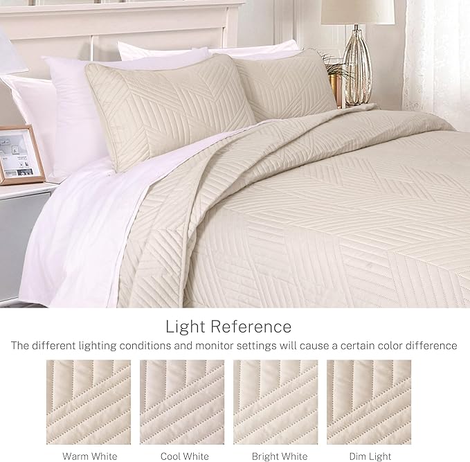 Exclusivo Mezcla Ultrasonic Full Queen Quilt Bedding Set, Brich Beige | Lightweight Bedspreads, Soft Microfiber, Modern Geometric Coverlet, All Season Bed Cover, 1 Quilt and 2 Pillow Shams
