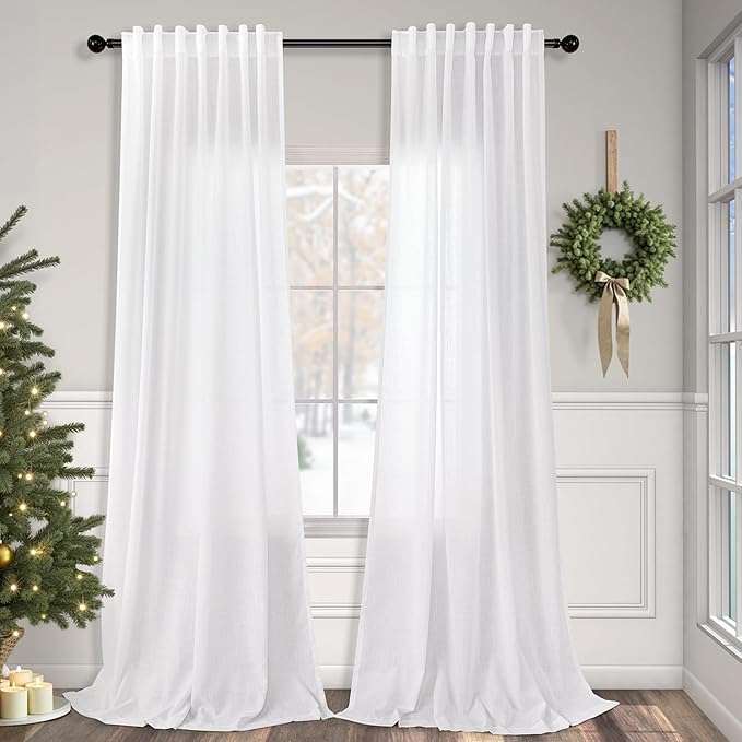 Pitalk White Linen Curtains for Living Room 100 Inches Long 2 Panels Pocket Back Tab Semi Transparent Curtains Boho Farmhouse Mid Century Country Western Sheer Drapes Ceiling to Floor 52 x 100 Length