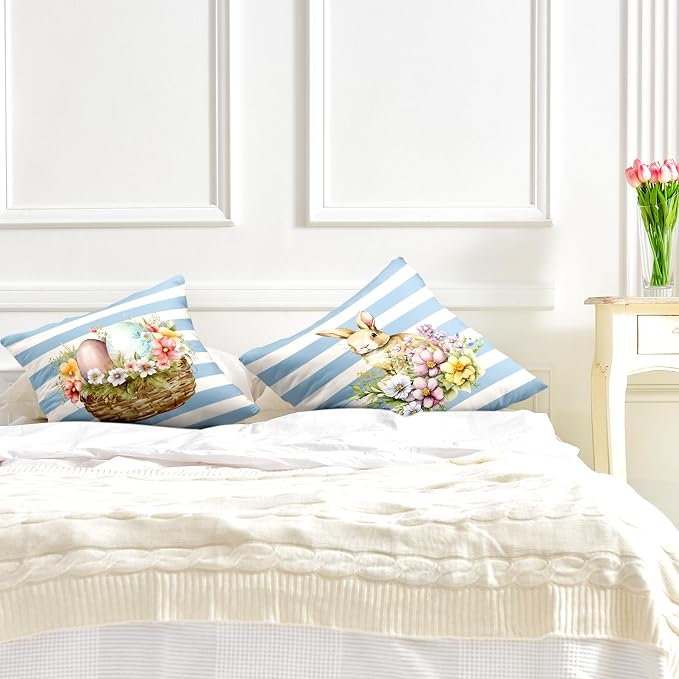 Striped White and Blue Easter Bunny Pillow Covers 16x16 Egg Pink Flower Pillows Cases Cute Bunny Pillow Covers Spring Holiday Decor for Indoors Couch Living Room in 2 Pcs