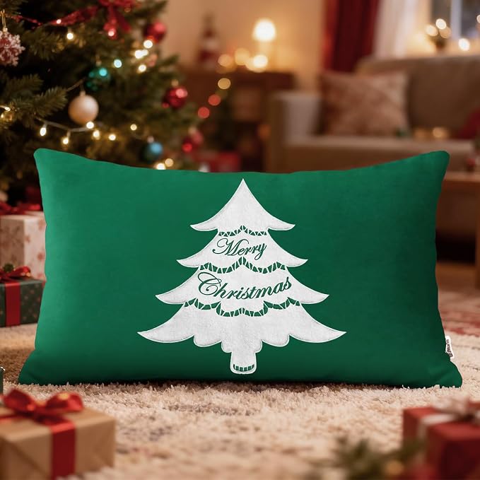 BRAWARM Christmas Pillow Cover 12 X 20 Inches, Christmas Green Christmas Tree Embroidered Lumbar Pillow Cover, Soft Velvet Decorative Throw Pillow for Couch Bed Sofa Living Room Home