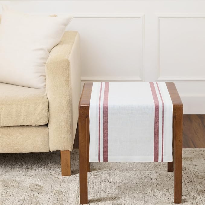 Solino Home 100% Linen Table Runner, 14 x 36 in, Burgundy and White Striped | French Stripe, a graceful centrepiece for dining and gatherings, woven stripe, European flax fibres, soft, OEKO-TEX Certified