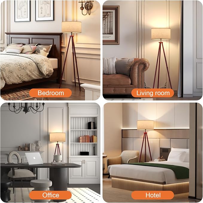 LiteHistory Wood Tripod Floor Lamps for Bedroom, Living Room, and Office, Corner lamp with Beige Linen Shade, 12W Three-Color Bulb Included, Pull Chain Switch, Gifts for mom for Home Decor, Walnut