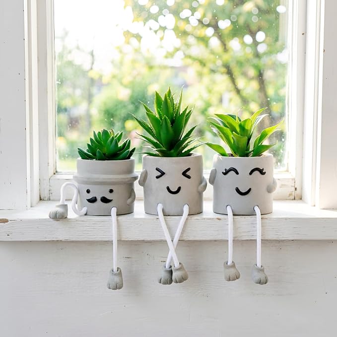 3 Pack Cute Fake Succulent Plants with Hanging Legs, Funny Desk Decor for Women, Small Artificial Plants in Funny Cement Pots, Cute Shelf Sitters for Office Desk Home Decorations