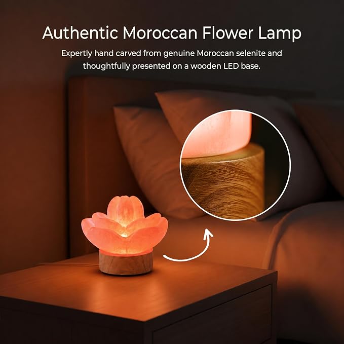 Wish Well 3 pc Lotus Flower Selenite Lamp with 7 Color LED Wooden Base