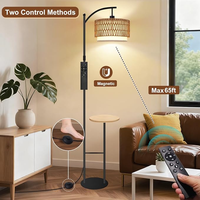 Vinaco Rattan Boho Floor Lamp with Table, Dimmable Remote & Foot Switch
