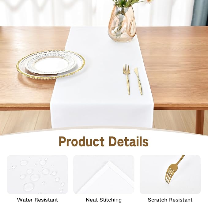 Faux Linen Table Runner Water Resistant 13 x 72 in, White | Farmhouse Rustic Table Runners, Coffee Table Runner, Dresser Runners for Bedroom, Living Room, Kitchen, Dining, Party