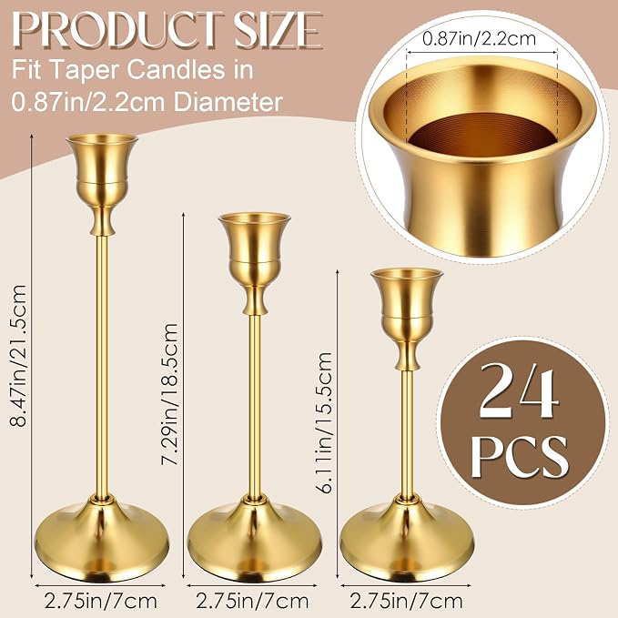 24PCS Brass Gold Taper Candle Holders Set, Vintage Metal Candlestick | Tall Table Centerpiece, Pillar & LED Candles, Wedding Reception, Festive Christmas Mantel Decoration