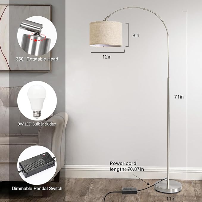 Arc Floor Lamp, Dimmable Floor Lamp with Adjustable Hanging Shade, Silver