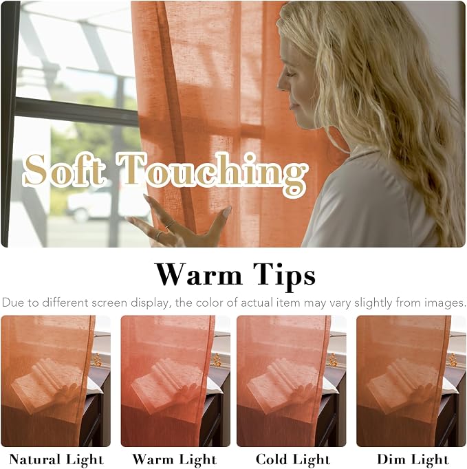 H.VERSAILTEX Linen Curtains Natural Linen Blended Curtain Panels for Living Room/Light Reducing Linen Semi Sheer Curtains 2 Panels Set Nickel Grommet Window Panels (52x63 Inch, Orange)