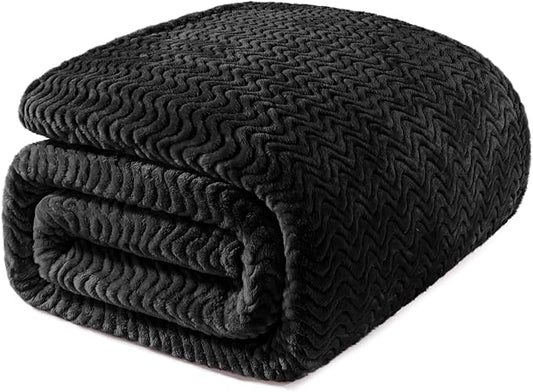 Exclusivo Mezcla Soft Fleece Blanket Queen Size for Bed, Sofa, Black | 90"x90" Breathable Lightweight Flannel Blanket for Summer, Plush Cozy Jacquard Wave for Home Decor