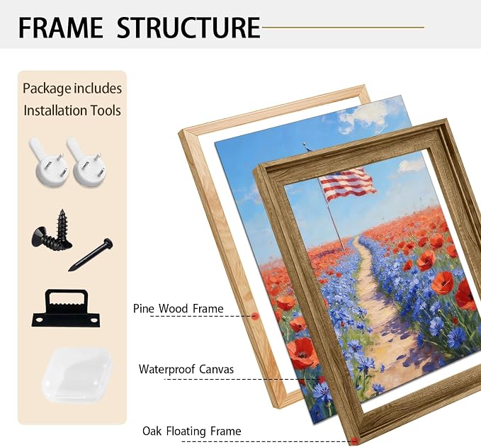 American Flag Framed Canvas Wall Art, 4th of July Patriotic Canvas Prints | Wildflower Field Landscape Poster Print, Vintage Rustic Independence Day Wall Decor for Bedroom Living Room 24×36in