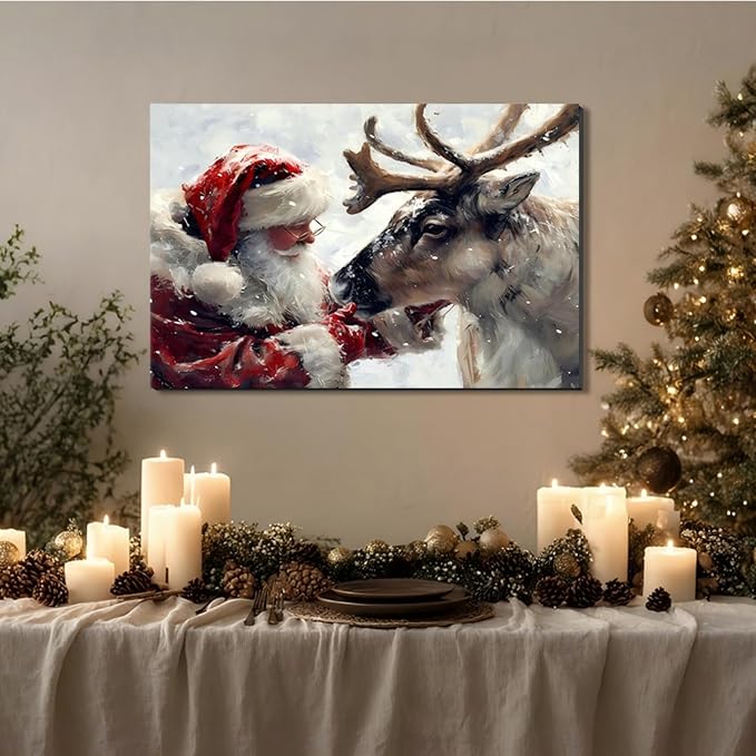Santa's Reindeer Framed Christmas Canvas Wall Art for Living Room, Winter Pictures Wall Decor Painting Prints for Bedroom, Santa Christmas Art, 20x30 Poster Artwork for Wall Decorations