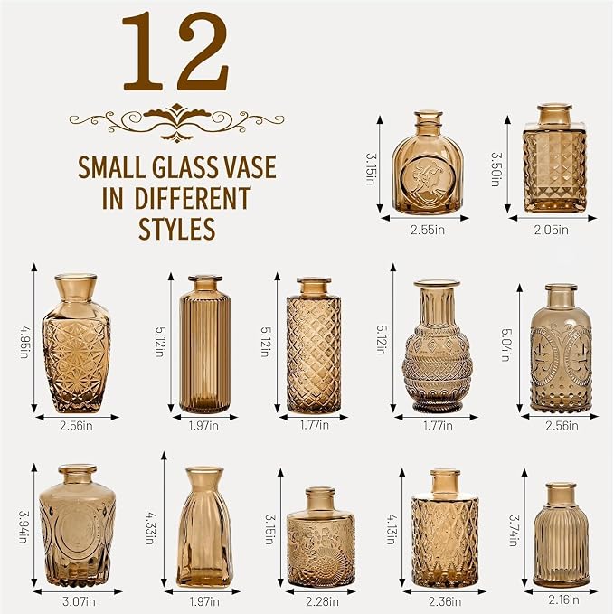Mini Bud Vases Set of 12 As Wedding Centerpieces for Tables,Clear Bud Vases for Flowers,Small Flower Vases Suitable for Birthday Party,Anniversary,Wedding Reception,Baby Shower (Brown)