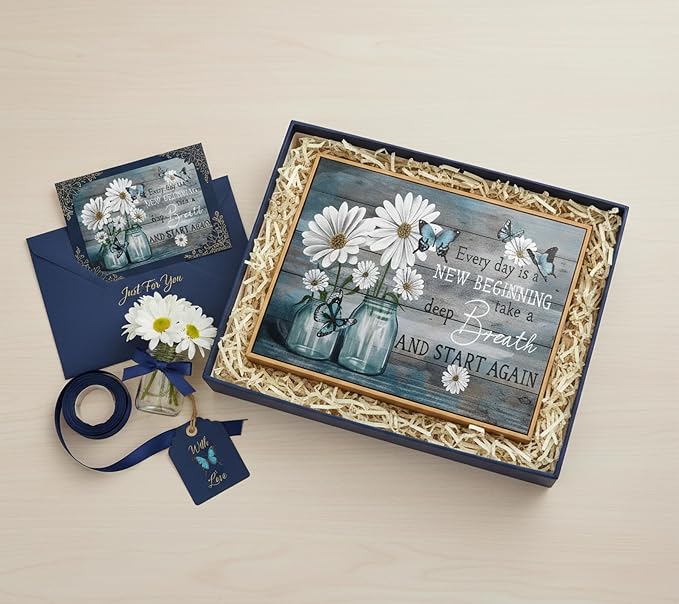 ZLXARTLA Wood Framed Daisy Wall Art Butterfly Wall Decor Inspirational Print Artwork Flower Picture Painting Still Life Suitable for Country Farmhouse Bedroom Bathroom Rustic Decoration 12x16in
