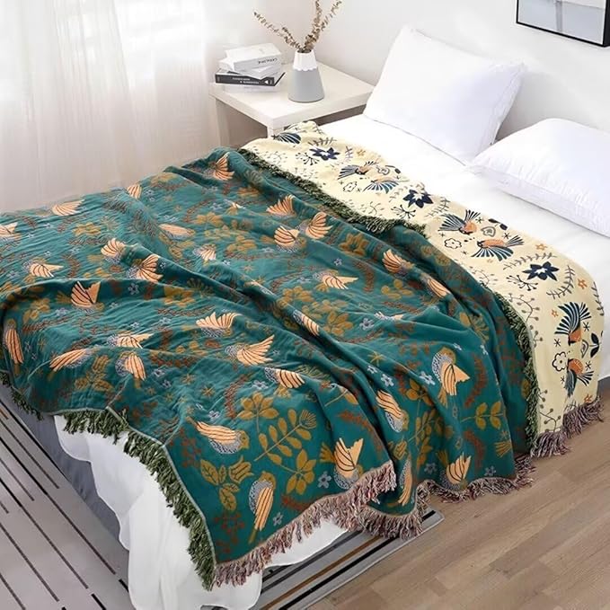 Boho Throw Blanket for Bed 100% Cotton Bohemian Blankets Ultra Soft Woven Muslin Decorative Blankets All Seasons Vintage Quilt Knitted Blanket for Sofa Chair(Blue, 50"x60")