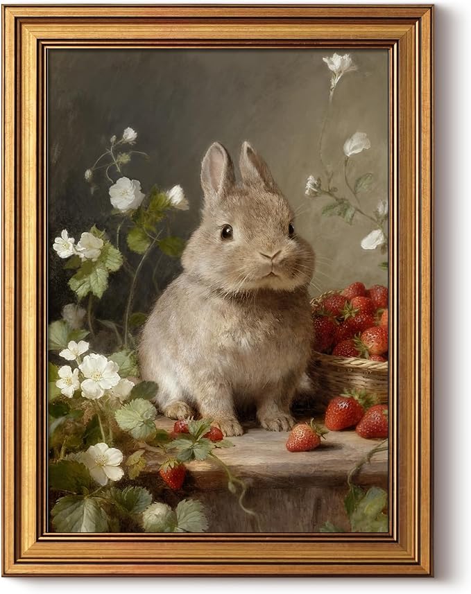 WHASAYART Gold Framed Vintage Wall Art for Living Room, Easter Bunny Decor, Animals Painting Prints Shelf Decor, Aesthetic Bedroom Wall Art, Easter Gifts for Family - Chubby Rabbit 16L x 12W