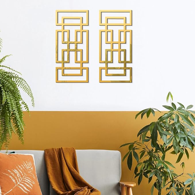 2 Piece Gold Rectangular Wall Mirrors, 15.7×7 Inch Geometric Wooden Frame Acrylic Wall-Mounted Modern Mirror Decor for Bathroom Bedroom Living Room Office Farmhouse Home Decorations