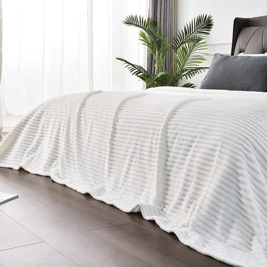 BEDELITE Ribbed Jacquard Off White King Size Blankets for Bed, 108x90 Inch | Soft Warm Decorative Fluffy Blanket, Cozy Fuzzy Lightweight Plush Fleece Throw Blankets for Bed, Room Decor, Gift for Women