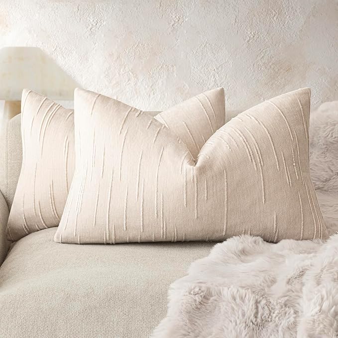 Foindtower Pack of 2 Slubby Textured Chenille Throw Decorative Pillow Covers Lumbar Accent Solid Cushion Cover Neutral Farmhouse Pillow Case for Couch Sofa Bedroom Living Room 12x20 Inch,Ivory