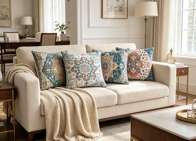 Throw Pillow Covers 18x18 Inch Set of 4 Washable BOHO Vintage Style Decorative Throw Pillow Cases Soft Velvet Square Farmhouse Decor Retro Cushion Covers for Couch Sofa Bed Living Room Outdoor