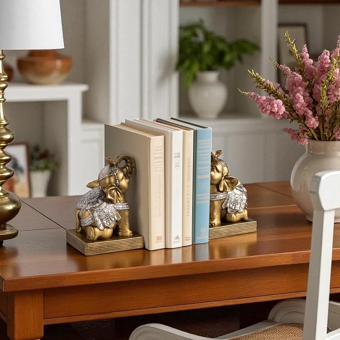 Elephant Book Ends for Shelves, Vintage Decorative Bookends, Book Holders with Anti-Slip Pad for Book Lovers Heavy Book Stopper for Home Office Decor (Gold)