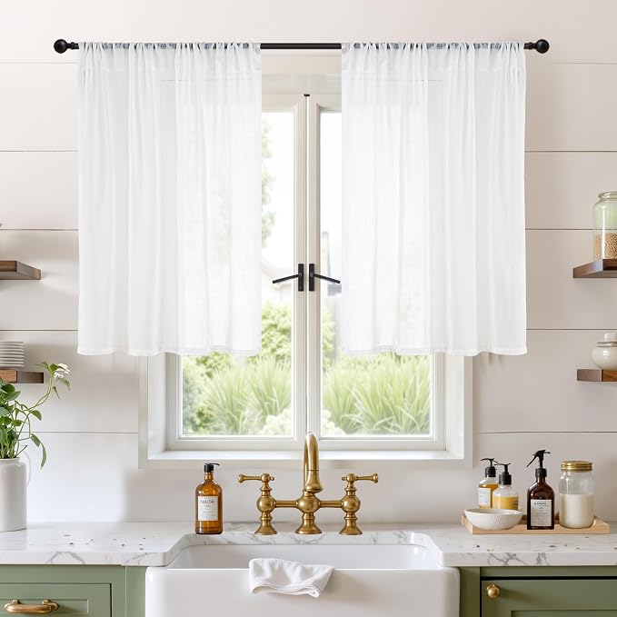 BGment White Linen Cafe Curtains 36 Inch Length for Kitchen Window Over Sink - Small Semi Sheer Drapes Light Filtering with Rod Pocket for Bathroom Lightweight, 2 Panels Set, 42 X 36 Inch