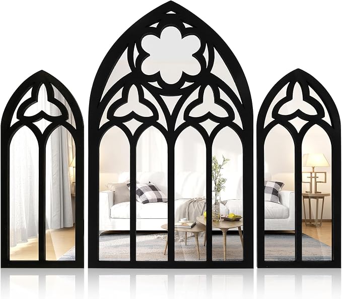 3Pcs Wall Arch Mirrors Set Gothic Wall Mirror Decor Cathedral Arched Mirror Decor Decorative Arched Wall Mirror for Living Room Bedroom Entryway Bathroom Vanity(white)