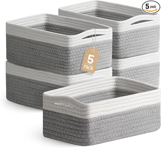 5 Pack Small Woven Storage Baskets for Shelves, Gift Baskets Empty | 11.8"x7.9"x4.7", Decorative Cotton Rope Baskets Organizer, Storage Bins for Organizing Bathroom, Closet, Nursery, Gray/White