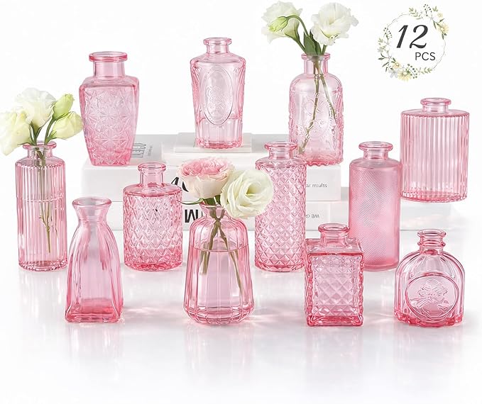 RUCKAE 12 Pack Glass Bud Vases Mini Flower Vase Small Vintage Vases for Centerpiece Table Wedding Decorations Home Decor Party(Pink)