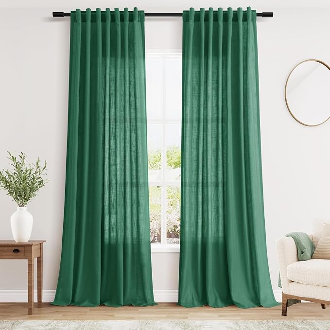 Dark Green Linen Curtains 102 Inches Long Rod Pocket Back Tab Drapes 2 Panels Set for Living Room Sheer Light Filtering Sheer Emerald Green Curtain 102 Length for Patio Sliding Glass Door 52x102