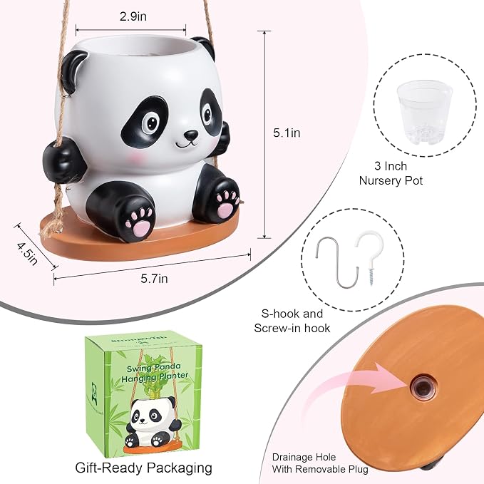 Swing Panda Hanging Planters for Indoor Plants, Cute Succulent Pots with Drainage Hole, Small Hanging Flower Pots Outdoor, Panda Gifts for Plant Lovers (Girl-Pink)