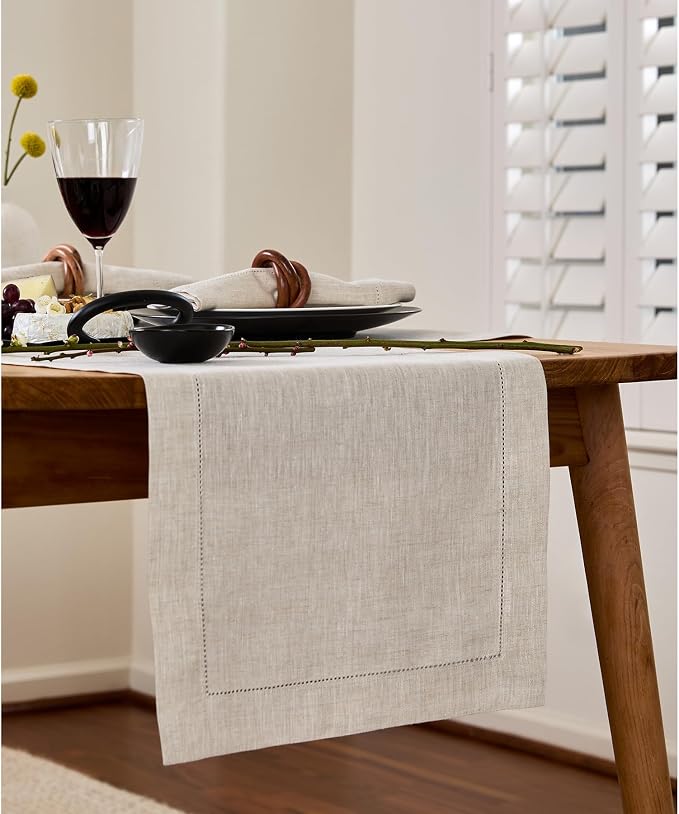 Solino Home 100% Linen Table Runner Natural, Classic Hemstitch 14 x 48 in | dresses up dining tables for everyday meals, hemstitched border, mitered corners, machine washable, soft, OEKO-TEX Certified
