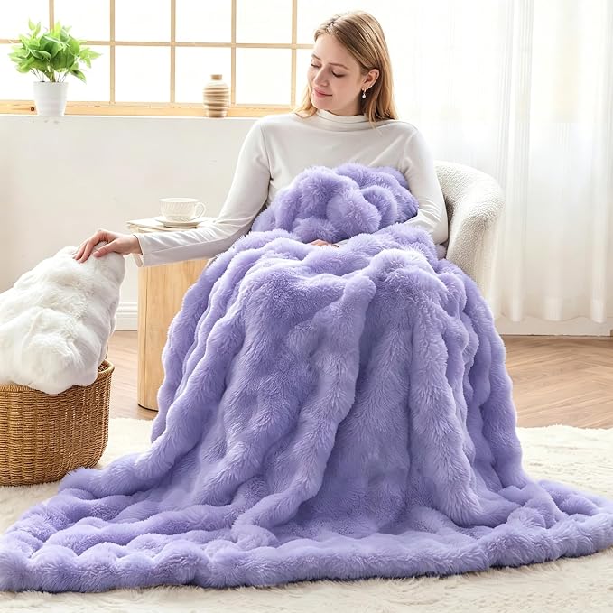 NEWCOSPLAY Faux Fur Fluffy Bubble Twin Blanket for Couch,Lavender,60"x80" | Soft Thick Warm Bubble Blanket for Couch Sofa Bed 550GSM, Plush Cozy Luxury Decorative Throw, Gift for Women Men