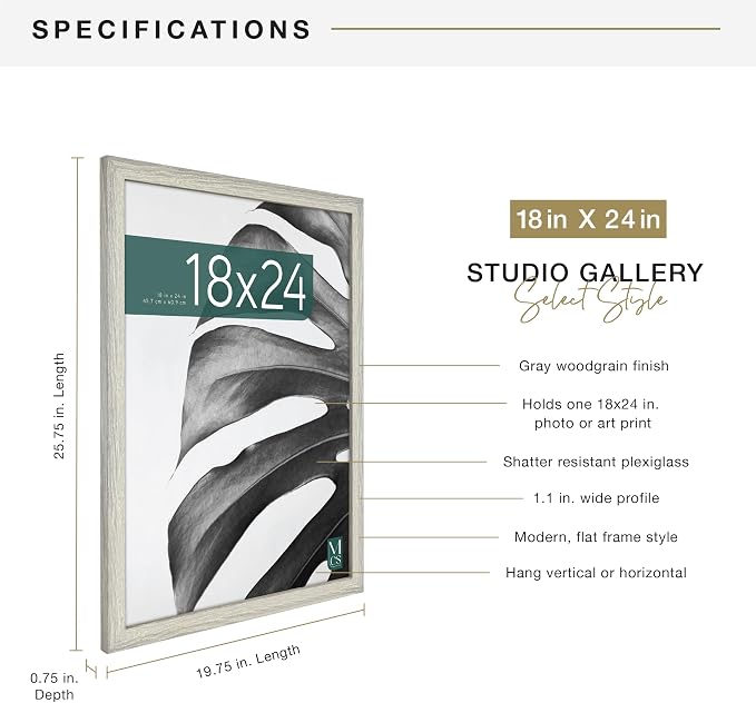MCS Studio Gallery Poster Frame, 18x24, Gray Woodgrain