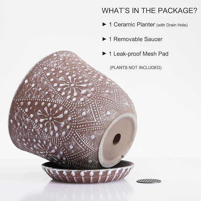 Gepege 8 Inch Ceramic Plant Pot with Drainage & Saucer | Large ceramic plant pot with drainage hole, ceramic saucer and mesh pad, ideal for indoor plants, flowers and houseplants