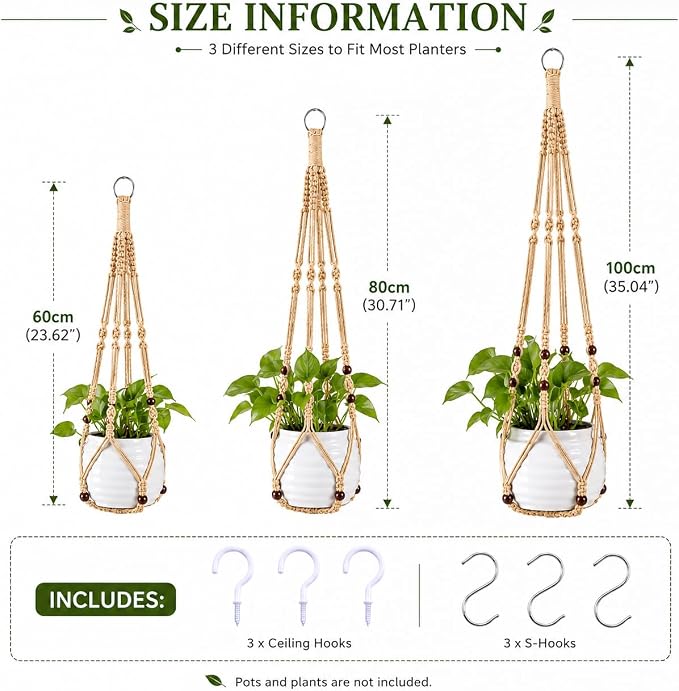 Macrame Plant Hangers with Beads for Indoor and Outdoor, 3 Pack